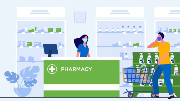 Illustration of People in a Pharmacy with PPE on